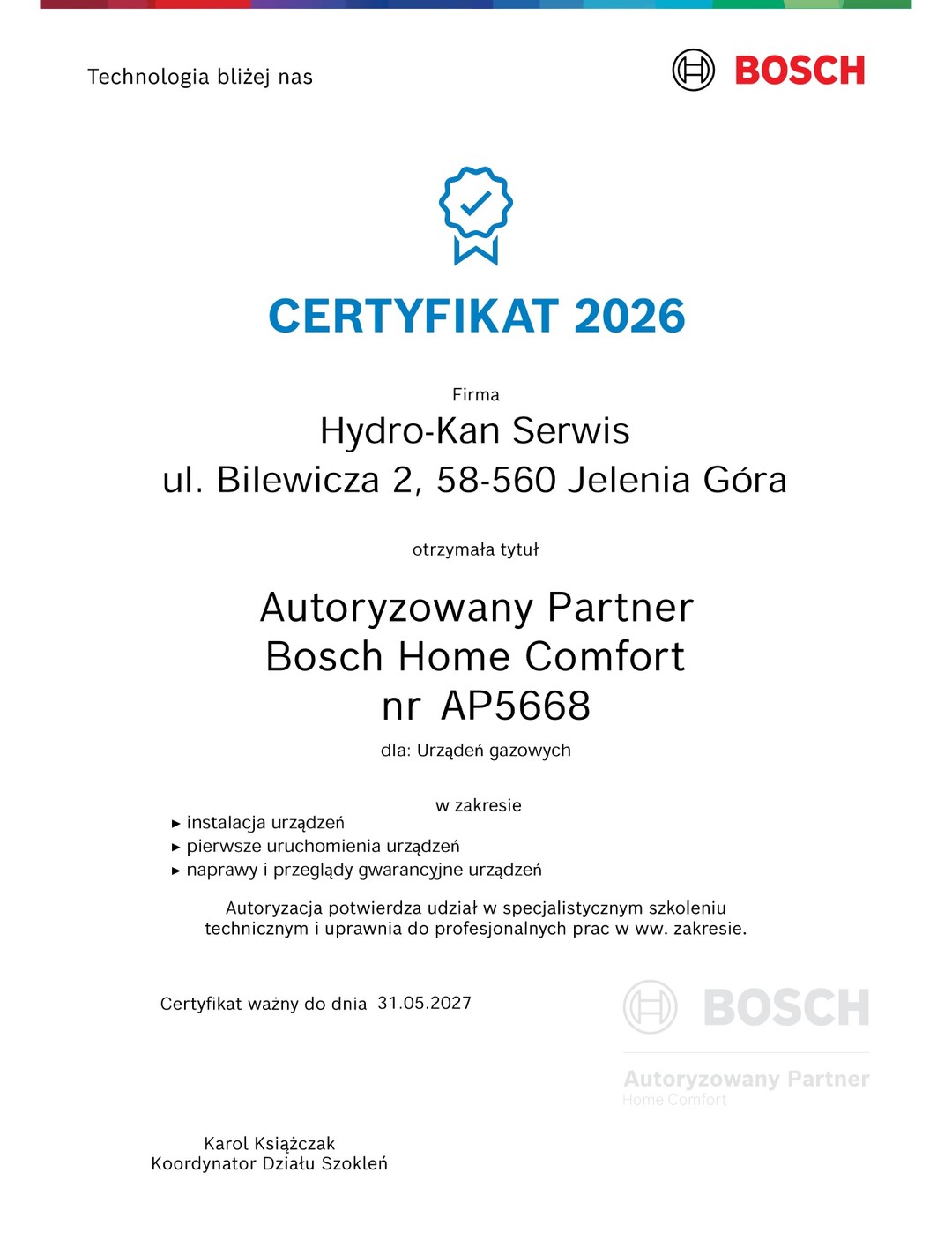 Certyfikat 2026 - Autoryzowany Partner Bosch Home Comfort nr AP5668 dla Hydro-Kan Serwis