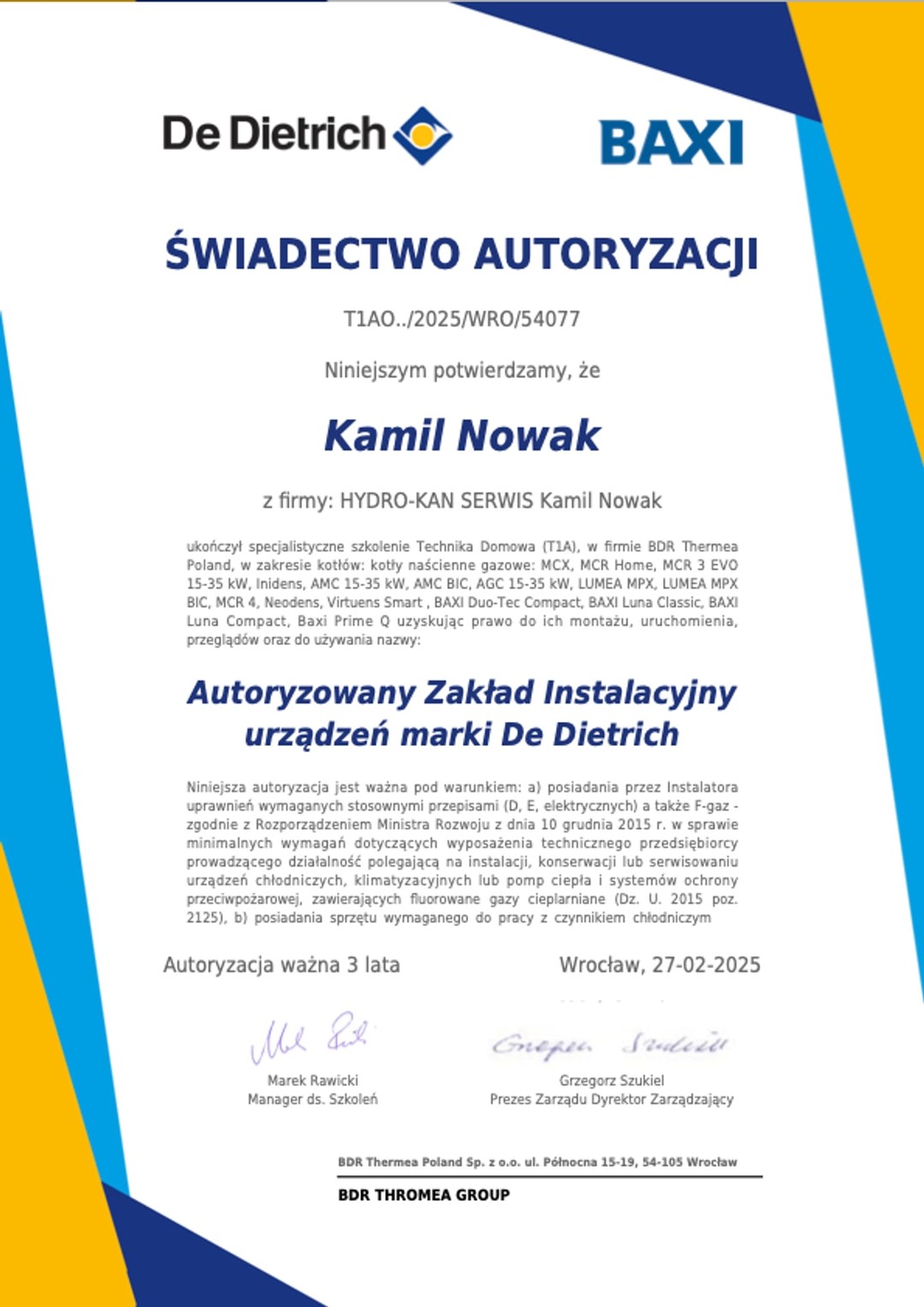 Świadectwo autoryzacji De Dietrich i BAXI dla HYDRO-KAN SERWIS Kamil Nowak